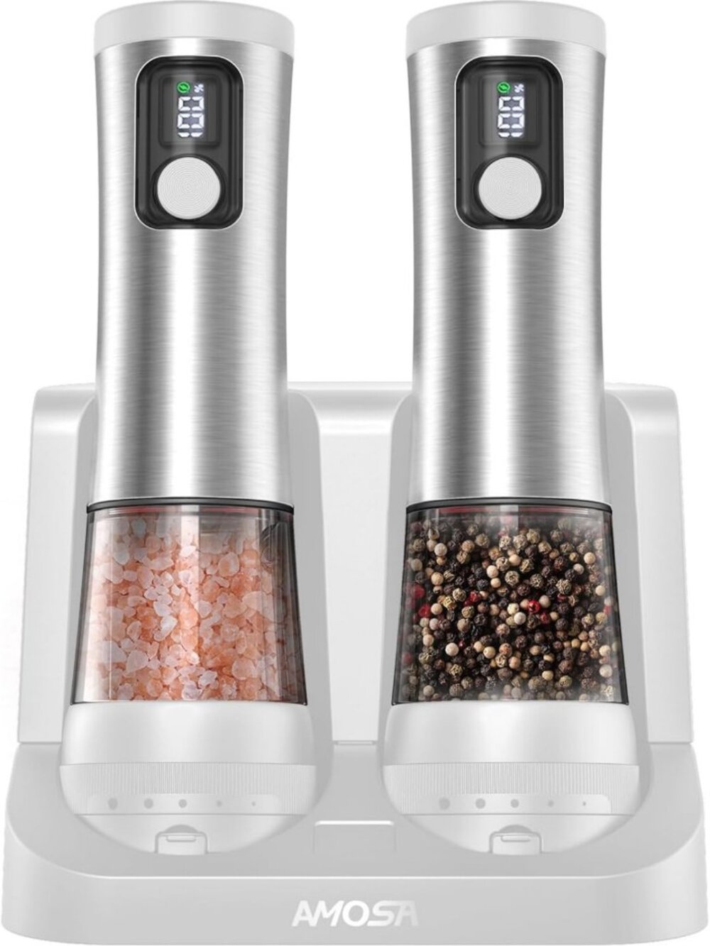 Rechargeable Electric Salt & Pepper Grinder Set with Battery Display Base